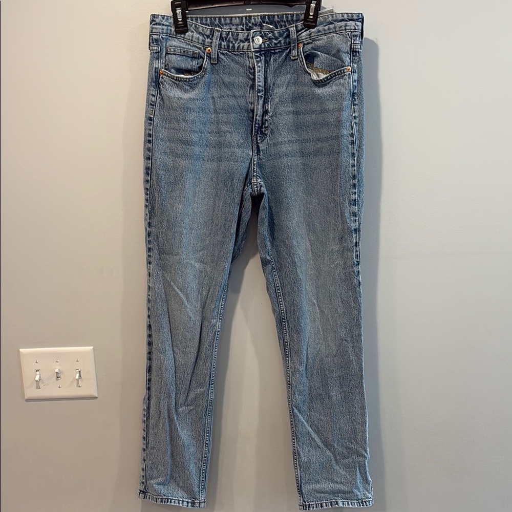 Acid wash look Blue Straight Leg Jeans with Comfortable Fit